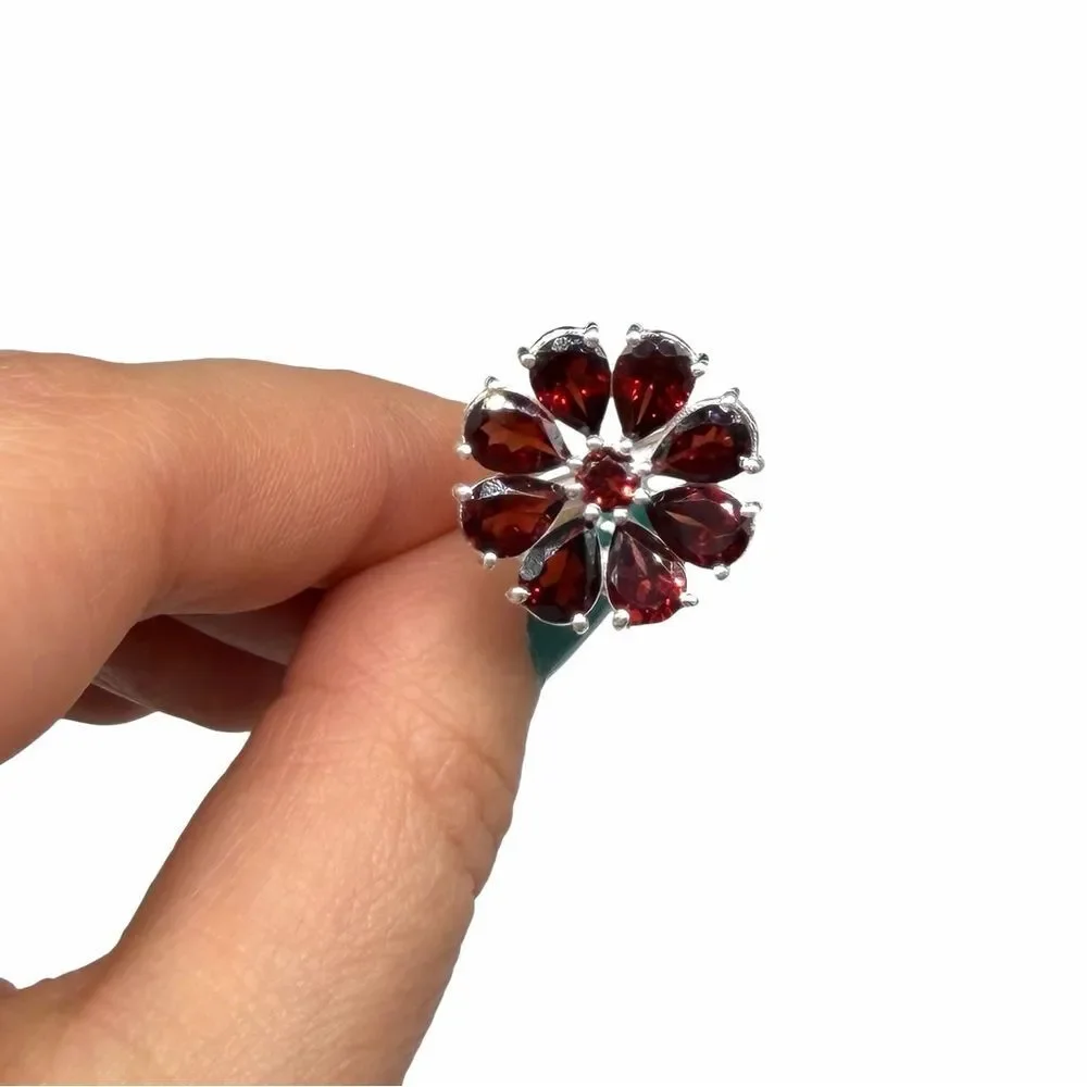 Garnet Ring Size 10 Flower Shaped Solid 925 Sterling Silver Daisy Multi Stone